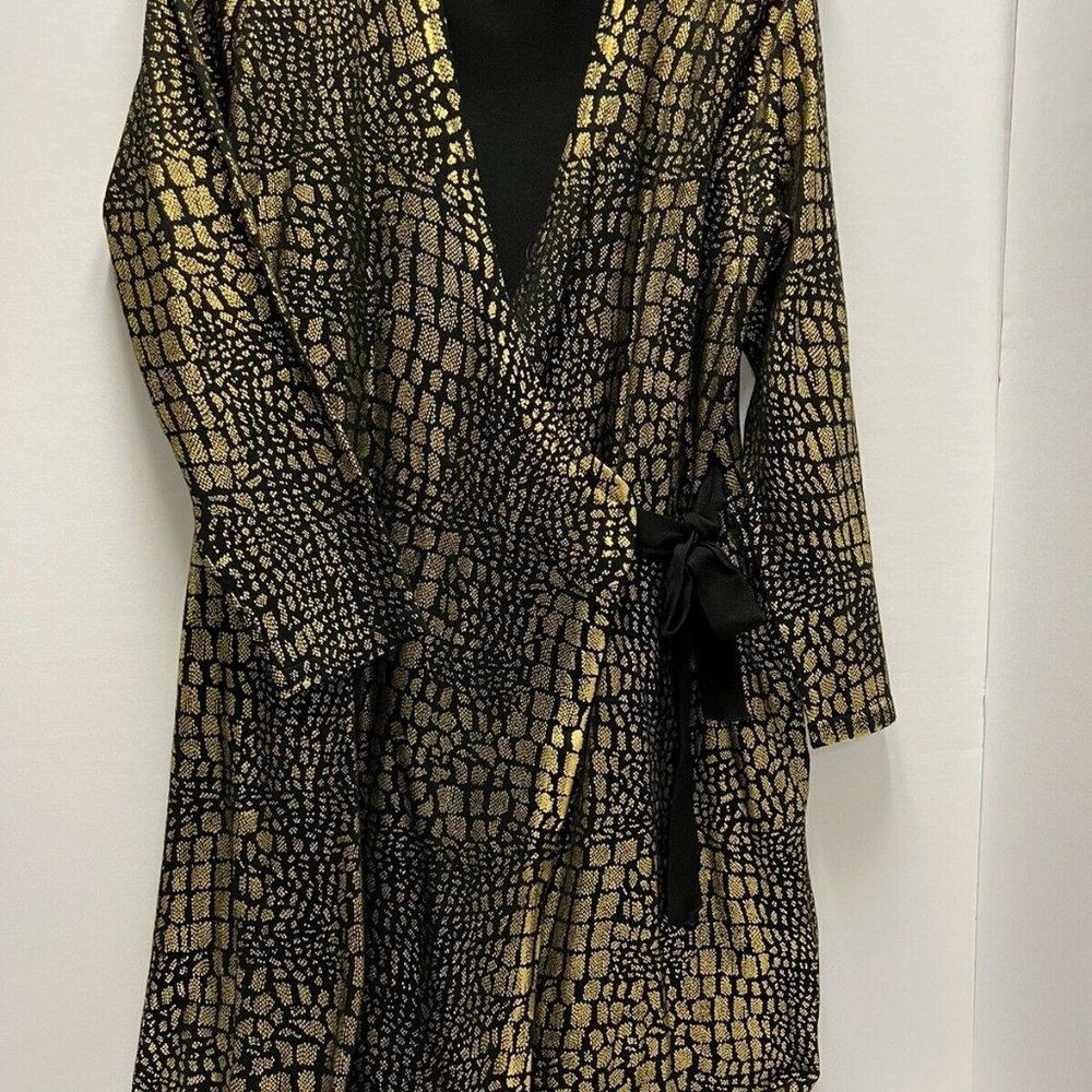 Black and Gold Wrap Dress with Metallic Pattern